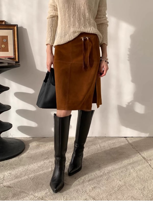 Fustă midi dreaptă din piele de miel, cu velur, stil elegant pentru muncă, toamna 2025