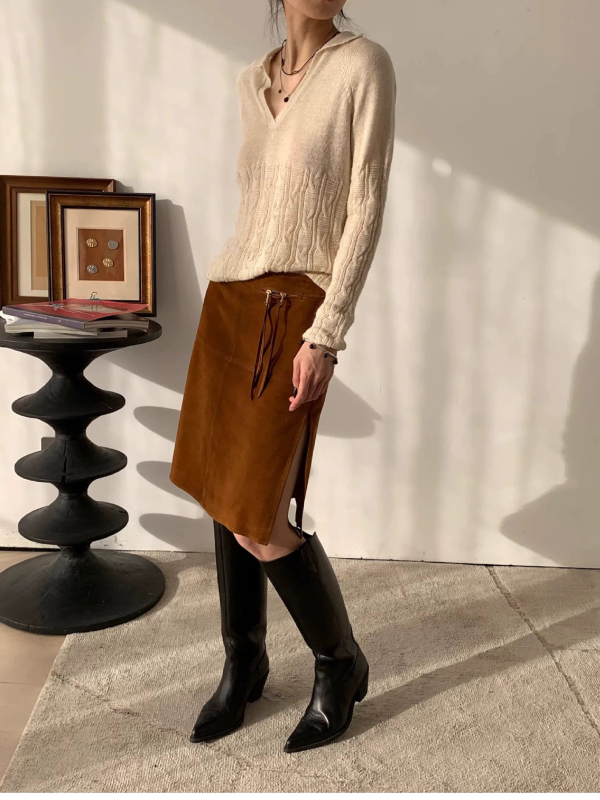 Fustă midi dreaptă din piele de miel, cu velur, stil elegant pentru muncă, toamna 2025