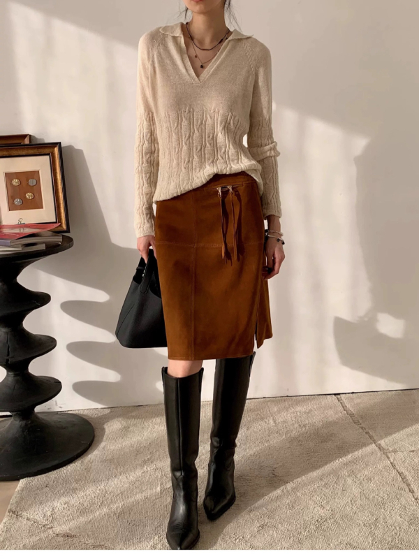Fustă midi dreaptă din piele de miel, cu velur, stil elegant pentru muncă, toamna 2025