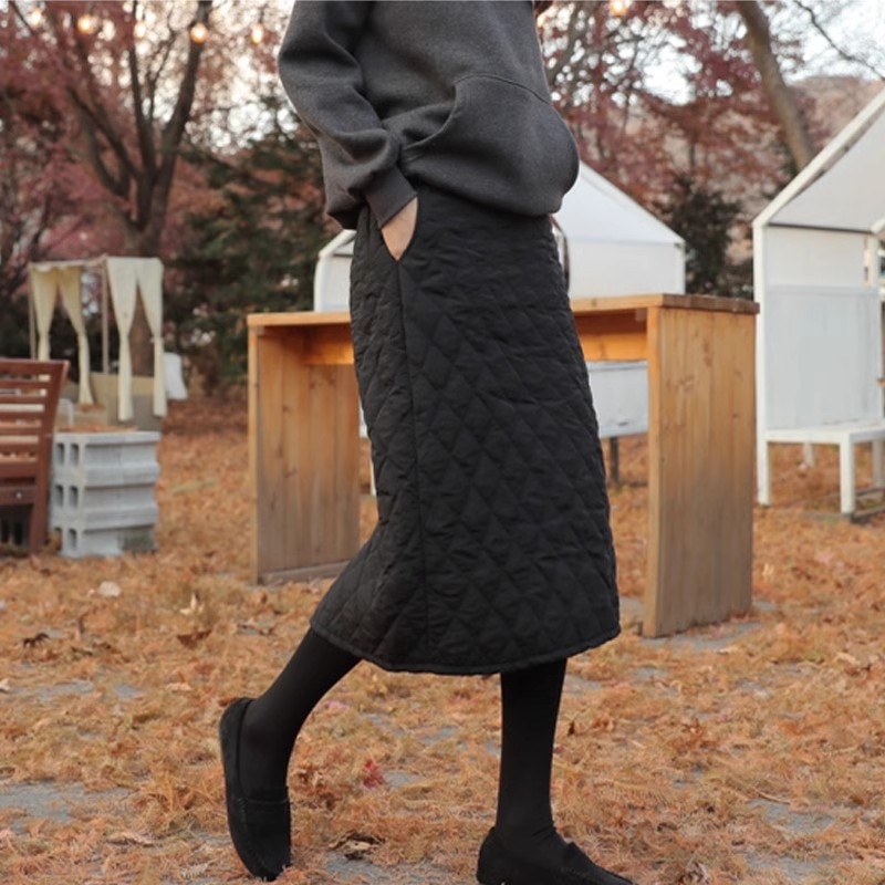 Пола в корейски стил, ежедневна, квилтирана, висока талия, подплатена