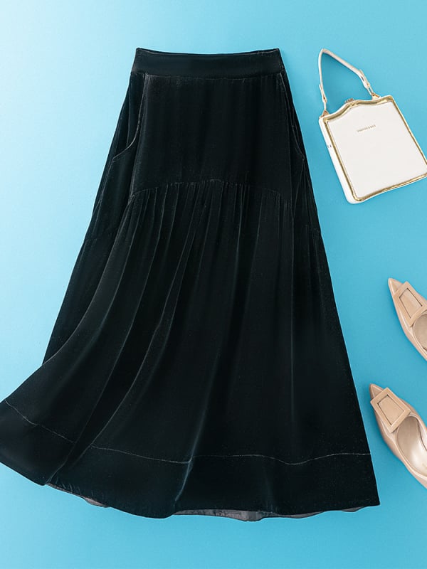 Fustă midi cu talie înaltă din mătase Mulberry, velur de mătase, model solid, conținut de mătase 95%+, stil socialite