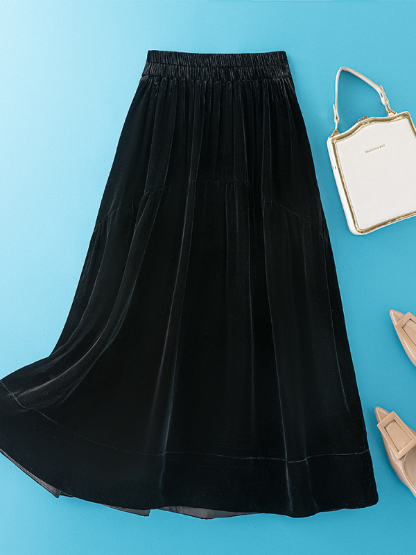 Fustă midi cu talie înaltă din mătase Mulberry, velur de mătase, model solid, conținut de mătase 95%+, stil socialite