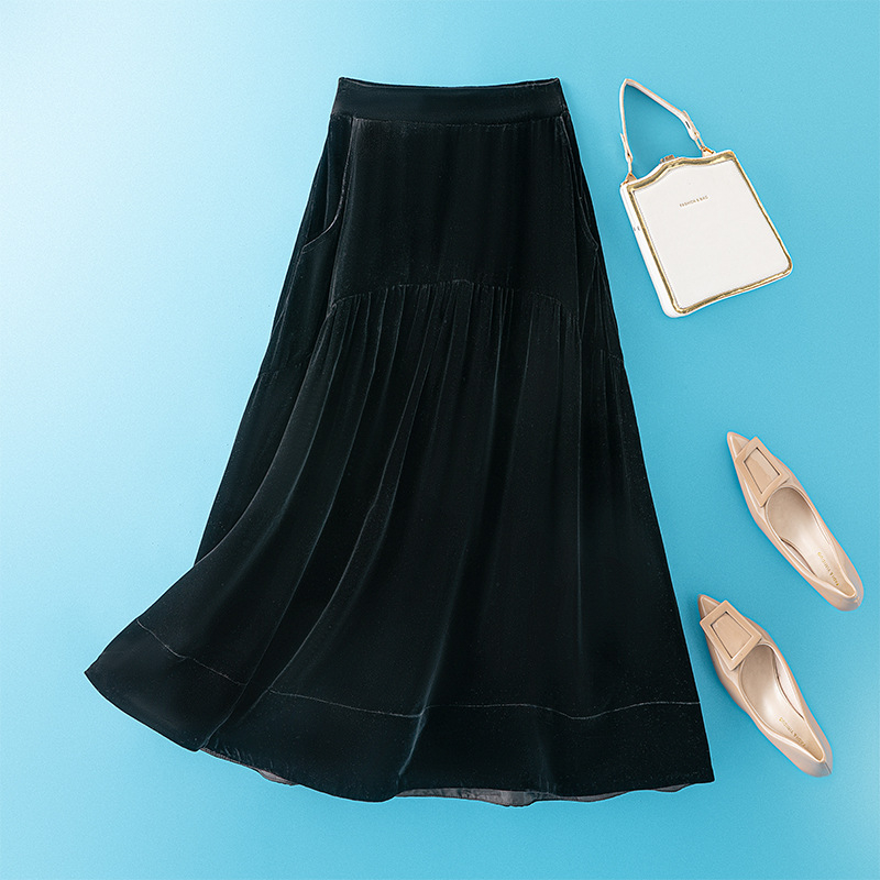 Fustă midi cu talie înaltă din mătase Mulberry, velur de mătase, model solid, conținut de mătase 95%+, stil socialite