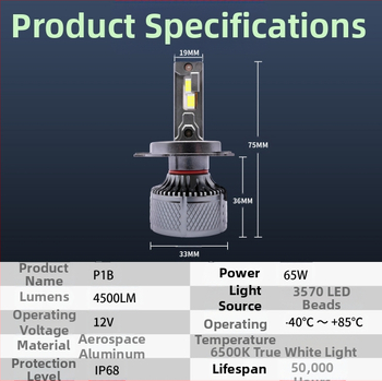 Yu Xinfeng LED auto far H4, 65W, dvostruka bakrena cijev, integrirana daleka i bliska svjetla, univerzalna kompatibilnost, IP68, 4500 lm, DC12-24V