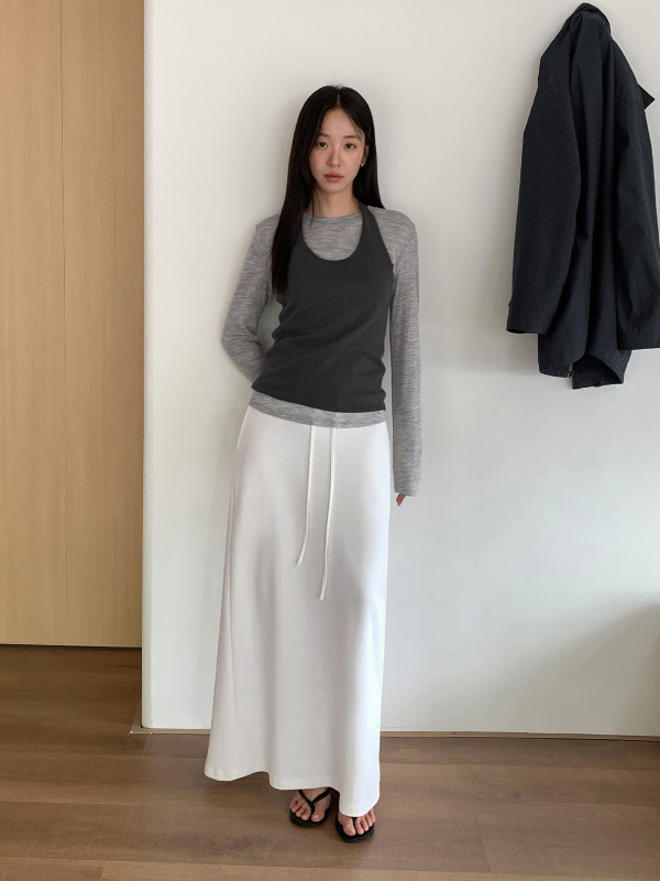 Pamukova duga ravna suknja s pojasom, visokim strukom, japansko-korejski casual stil