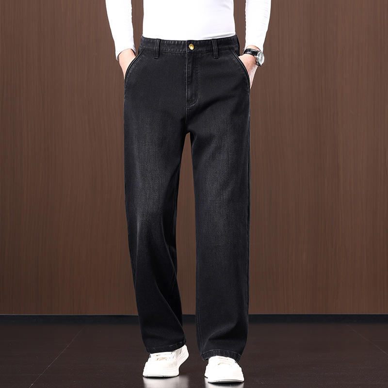 Férfi farmernadrágok 2025: magas derék, egyenes szabás, vastag denim, elasztikus, zipzárral záródó