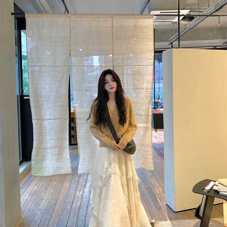 Duga suknja od mreaste čipke u korejskom stilu, A-linija s velikim rubom, poliester na vunenu podlogu, visoka elastičnost