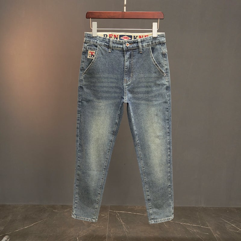 Muške traperice, ravni kroj od denima s mikroelastičnošću, srednji pojas, zatvarač, japanski retro stil, džepni detalji