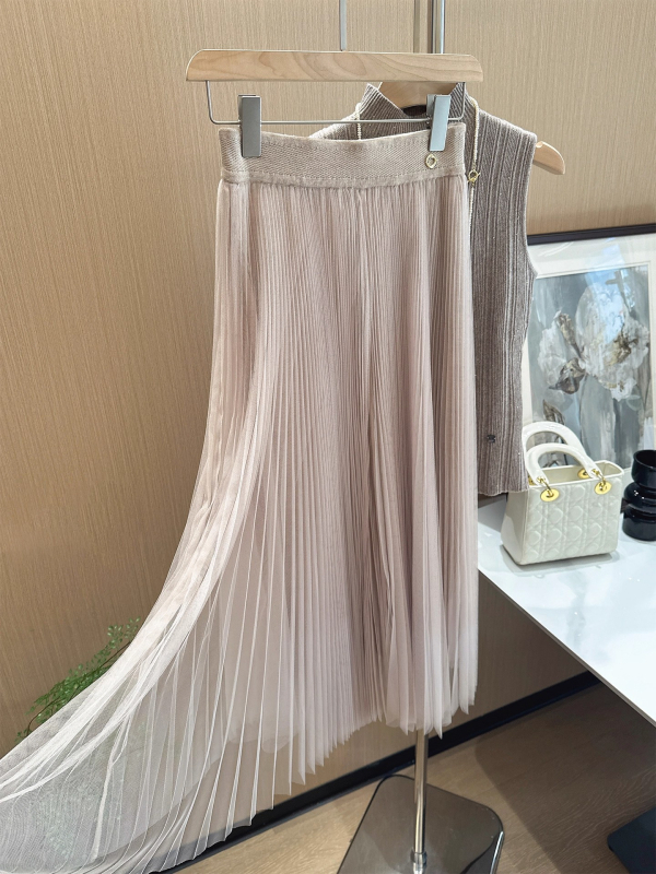 Plisirana mrežasta suknja od vune u smjesi s elastanom, midi duljina, japansko-korejski casual stil