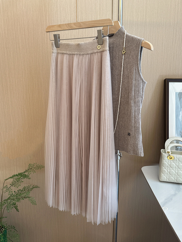 Plisirana mrežasta suknja od vune u smjesi s elastanom, midi duljina, japansko-korejski casual stil