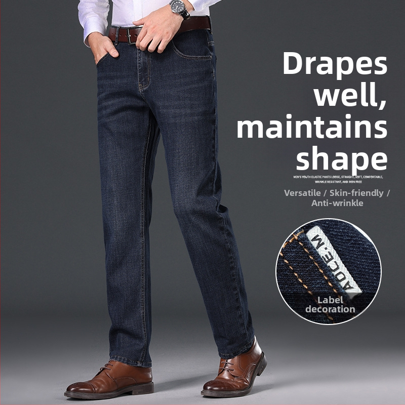Blugi denim pentru bărbați, elastici, talie medie, croială dreaptă, țesătură mai groasă