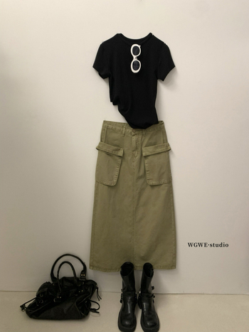 Visokim strukom, A-linijska midi suknja sa stražnjim prorezom i dvostrukim džepovima – casual/workwear