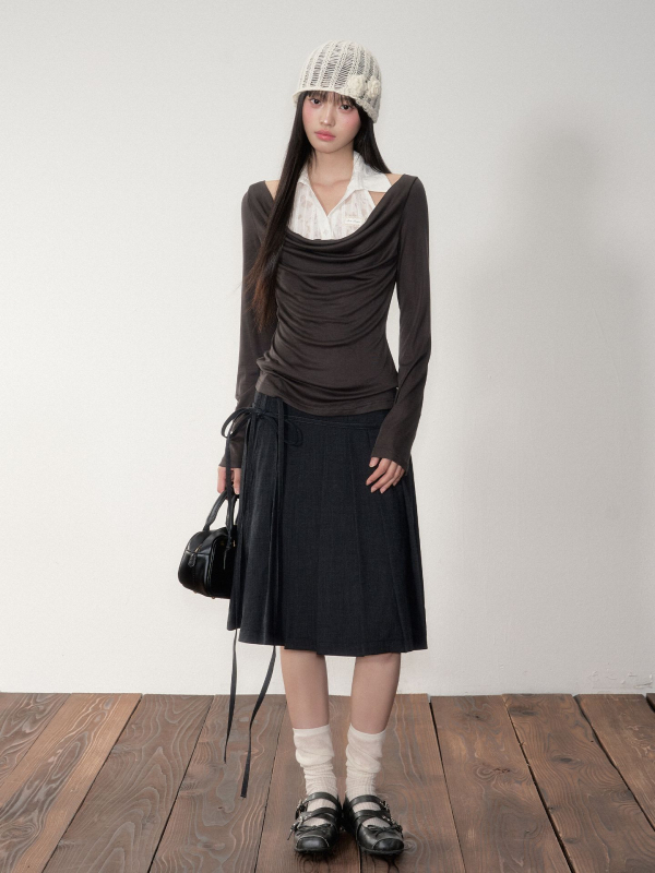 Fustă plisată de lungime medie, stil casual japonez-coreean, toamnă 2025