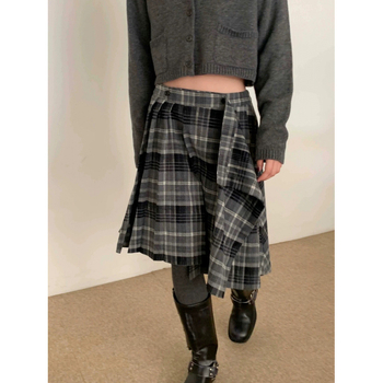 Korejski inspirirana retro karirana suknja s uskim strukom, asimetrični kroj, midi duljina, elegantan uredski stil, visoka elastičnost