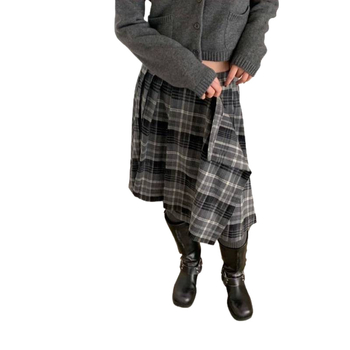 Korejski inspirirana retro karirana suknja s uskim strukom, asimetrični kroj, midi duljina, elegantan uredski stil, visoka elastičnost