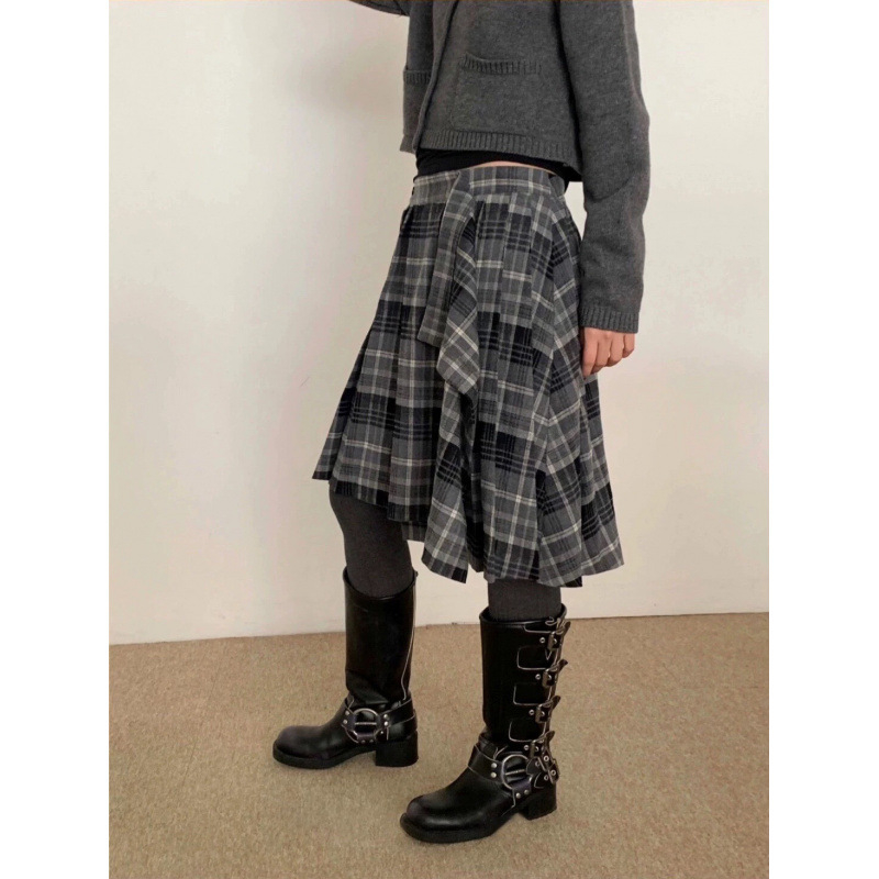 Korejski inspirirana retro karirana suknja s uskim strukom, asimetrični kroj, midi duljina, elegantan uredski stil, visoka elastičnost