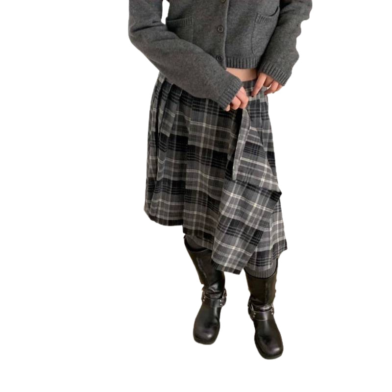 Korejski inspirirana retro karirana suknja s uskim strukom, asimetrični kroj, midi duljina, elegantan uredski stil, visoka elastičnost