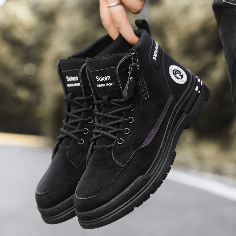 Muške PU kožne visoke outdoor čizme za posao – srednji obujam gležnja, četverokutna đon, injektirana potplata