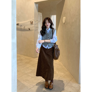 Corduroy hosszú A-vonalú szoknya, koreai stílus, őszi-téli 2025, egységes minta, elasztikamentes anyag, címkével