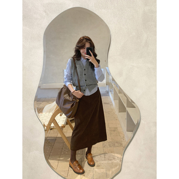 Corduroy hosszú A-vonalú szoknya, koreai stílus, őszi-téli 2025, egységes minta, elasztikamentes anyag, címkével