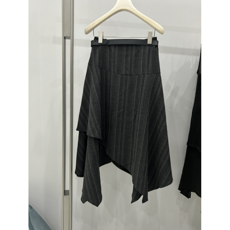 Fustă lungă, asimetrică, cu dungi, din poliester, stil casual japonezo-coreean