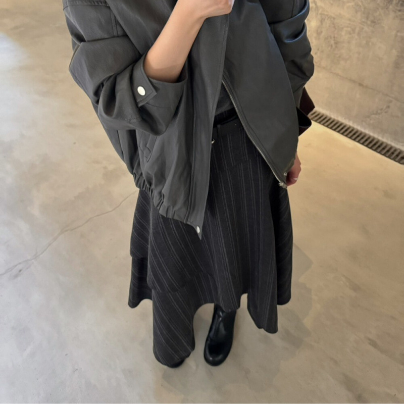 Fustă lungă, asimetrică, cu dungi, din poliester, stil casual japonezo-coreean