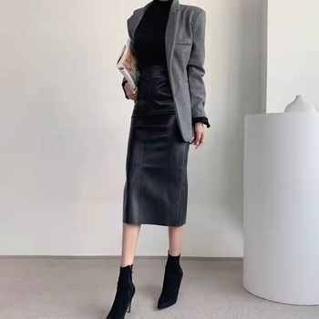 Suknja s stražnjim prorezom, visokim strukom, srednje duljine, gradski elegantan stil, zatvarač i šivanje