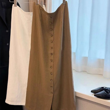 Ženska A-linija midi suknja s detaljem kolaža, tkanina pamuk-lanana smjesa, jednobojna, srednje duljine.