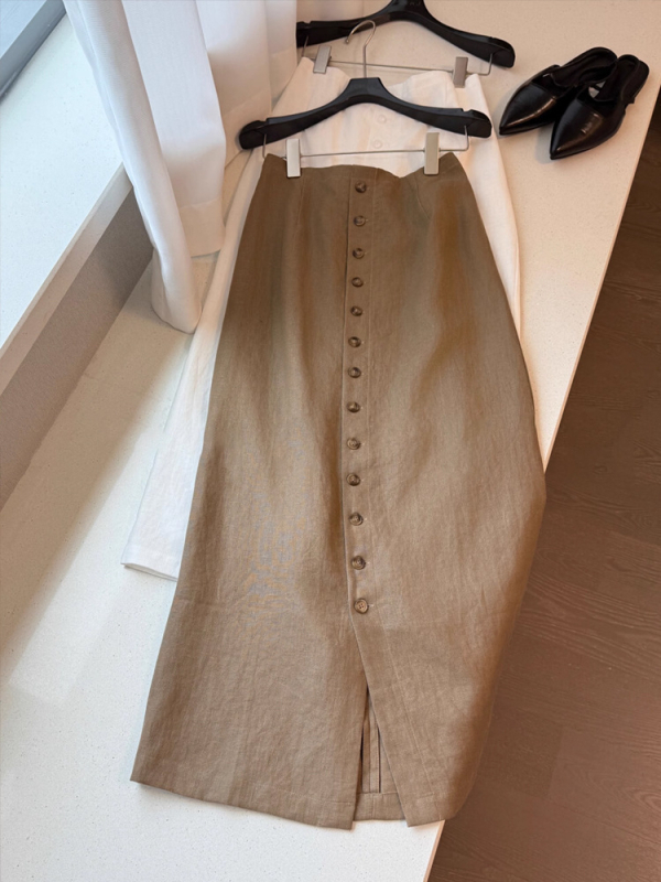 Ženska A-linija midi suknja s detaljem kolaža, tkanina pamuk-lanana smjesa, jednobojna, srednje duljine.