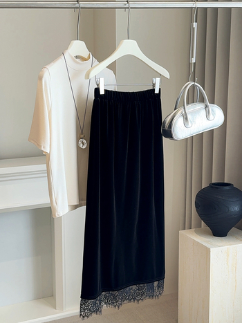 Pravokutna midi suknja, jednofarbata poliesterska tkanina, casual japansko-korejski stil