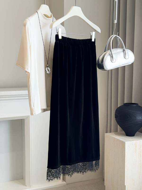 Pravokutna midi suknja, jednofarbata poliesterska tkanina, casual japansko-korejski stil