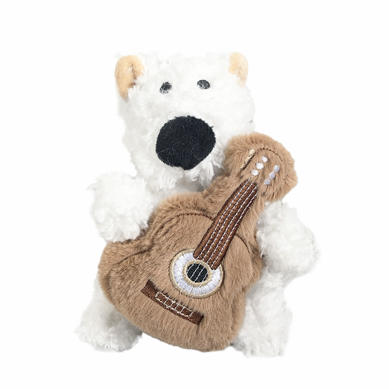 Плюшено кученце с китара — висулка за раница и ключодържател, за възраст 14+ (плюшена играчка за ученическа раница)