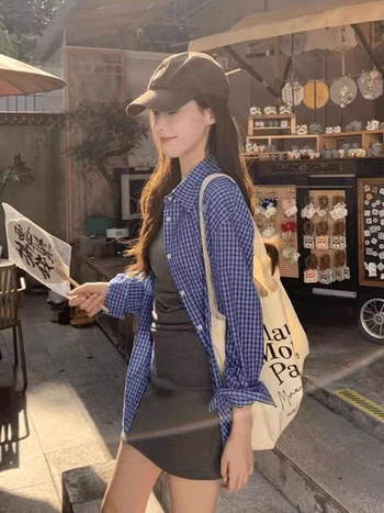 Košulja s retro kariranim uzorkom, polo ovratnik, duge rukave, slobodan kroj, pamuk-spandeks mješavina