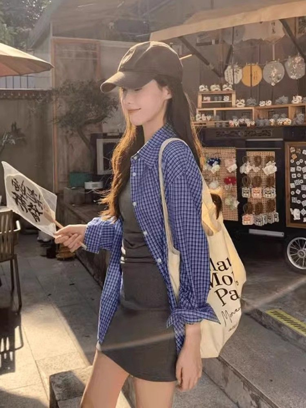 Košulja s retro kariranim uzorkom, polo ovratnik, duge rukave, slobodan kroj, pamuk-spandeks mješavina