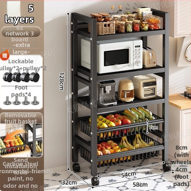 Podni kuhinjski stalak za skladištenje, višeslojni i pokretan, za pećnicu i mikrovalnu, ugljični čelik, DF-3488T, minimalistički dizajn