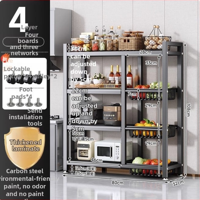 Podni kuhinjski stalak za skladištenje, višeslojni i pokretan, za pećnicu i mikrovalnu, ugljični čelik, DF-3488T, minimalistički dizajn
