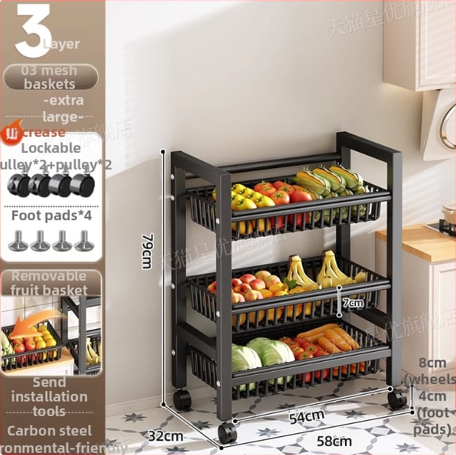 Podni kuhinjski stalak za skladištenje, višeslojni i pokretan, za pećnicu i mikrovalnu, ugljični čelik, DF-3488T, minimalistički dizajn