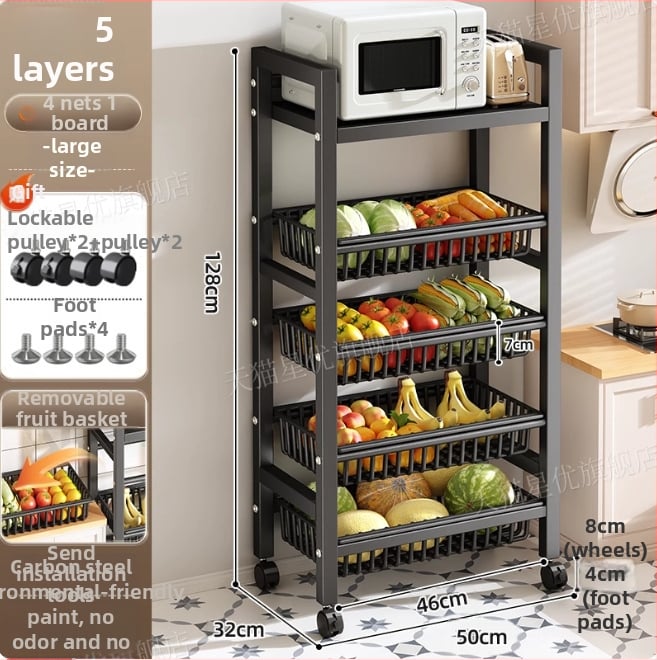 Podni kuhinjski stalak za skladištenje, višeslojni i pokretan, za pećnicu i mikrovalnu, ugljični čelik, DF-3488T, minimalistički dizajn