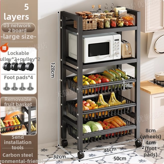 Podni kuhinjski stalak za skladištenje, višeslojni i pokretan, za pećnicu i mikrovalnu, ugljični čelik, DF-3488T, minimalistički dizajn