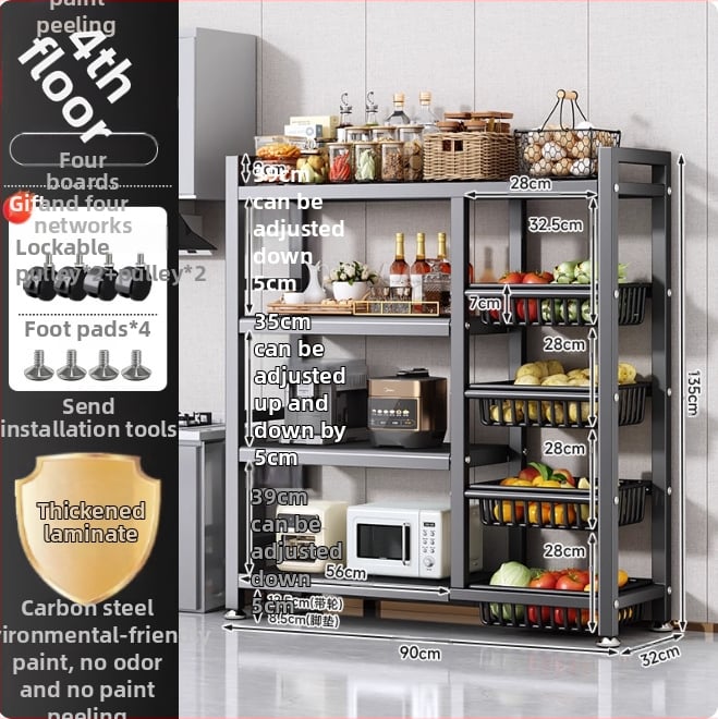 Podni kuhinjski stalak za skladištenje, višeslojni i pokretan, za pećnicu i mikrovalnu, ugljični čelik, DF-3488T, minimalistički dizajn