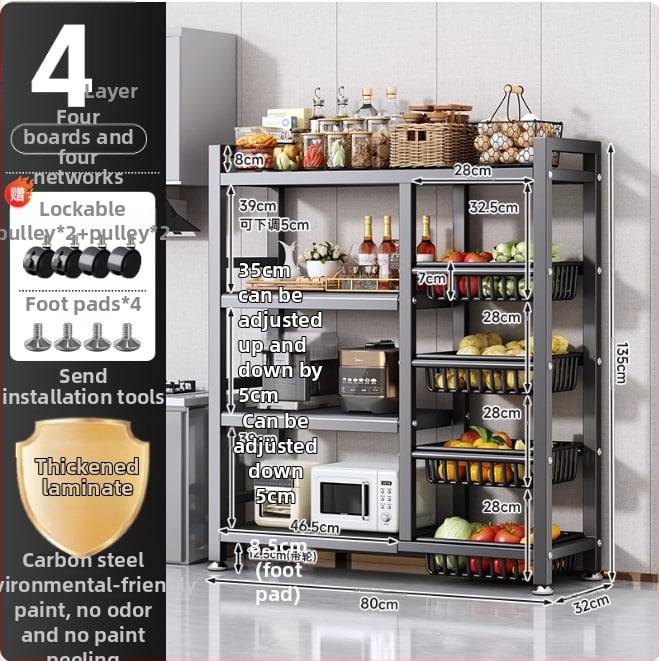 Podni kuhinjski stalak za skladištenje, višeslojni i pokretan, za pećnicu i mikrovalnu, ugljični čelik, DF-3488T, minimalistički dizajn