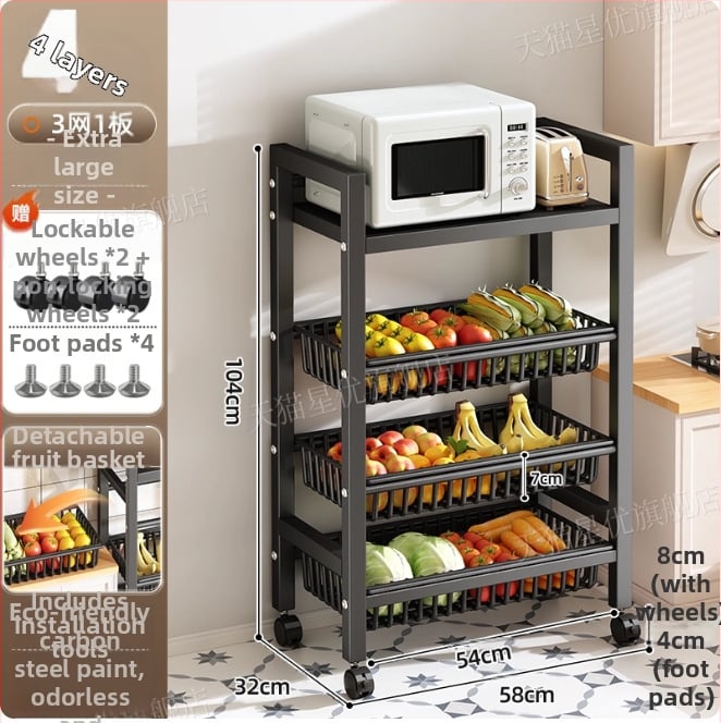 Podni kuhinjski stalak za skladištenje, višeslojni i pokretan, za pećnicu i mikrovalnu, ugljični čelik, DF-3488T, minimalistički dizajn