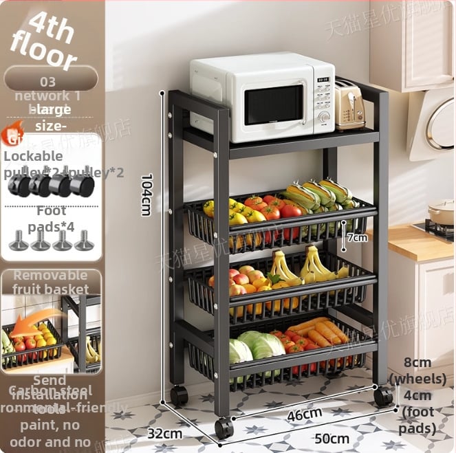 Podni kuhinjski stalak za skladištenje, višeslojni i pokretan, za pećnicu i mikrovalnu, ugljični čelik, DF-3488T, minimalistički dizajn