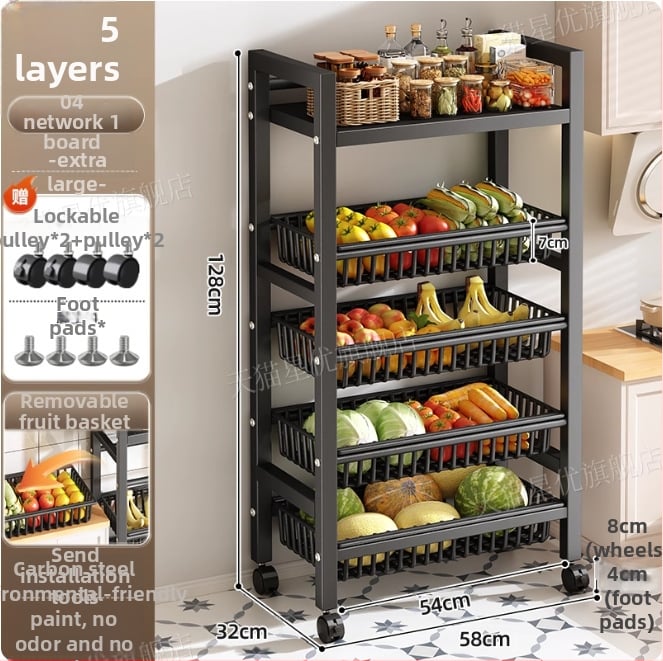 Podni kuhinjski stalak za skladištenje, višeslojni i pokretan, za pećnicu i mikrovalnu, ugljični čelik, DF-3488T, minimalistički dizajn