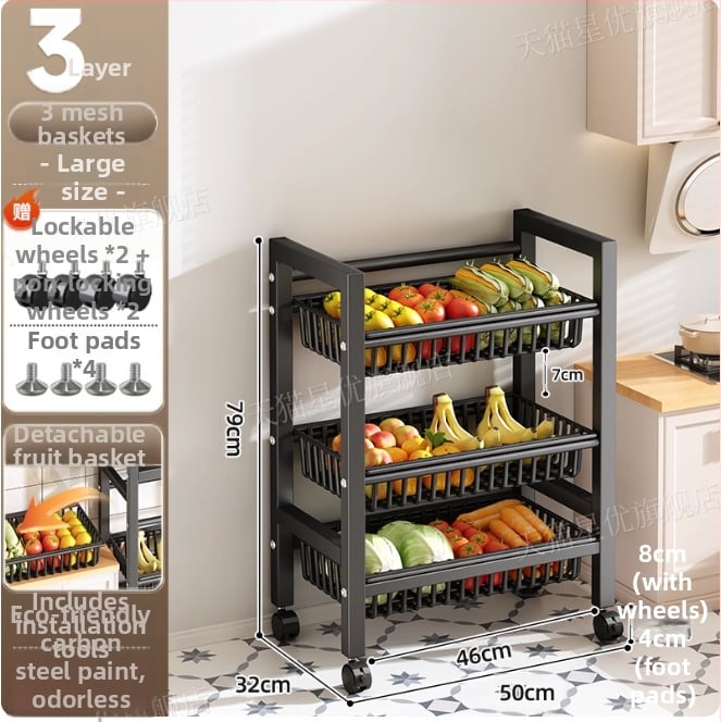 Podni kuhinjski stalak za skladištenje, višeslojni i pokretan, za pećnicu i mikrovalnu, ugljični čelik, DF-3488T, minimalistički dizajn