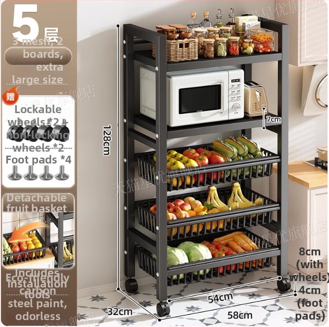 Podni kuhinjski stalak za skladištenje, višeslojni i pokretan, za pećnicu i mikrovalnu, ugljični čelik, DF-3488T, minimalistički dizajn