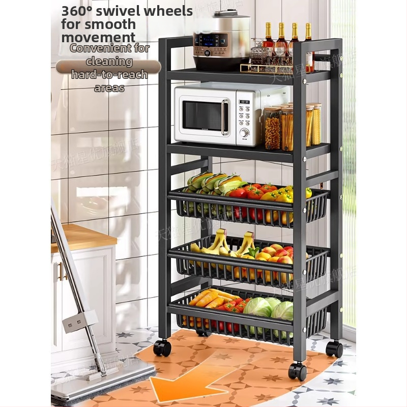 Podni kuhinjski stalak za skladištenje, višeslojni i pokretan, za pećnicu i mikrovalnu, ugljični čelik, DF-3488T, minimalistički dizajn