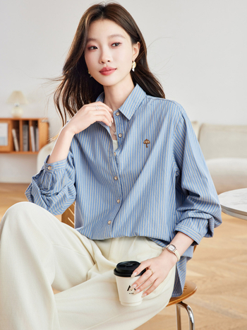 Pamuk košulja s prugama, dugi rukavi, ovratnik s reverom, široki kroj