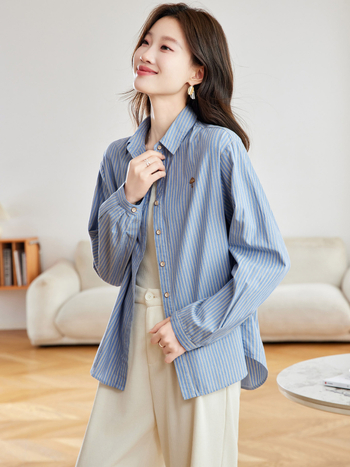 Pamuk košulja s prugama, dugi rukavi, ovratnik s reverom, široki kroj