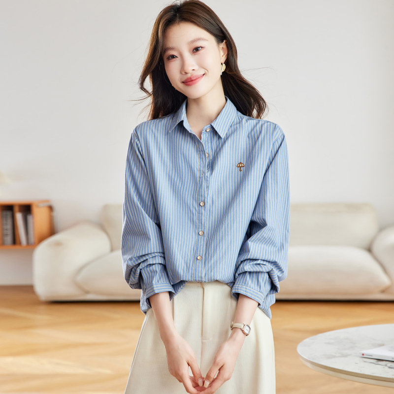 Pamuk košulja s prugama, dugi rukavi, ovratnik s reverom, široki kroj